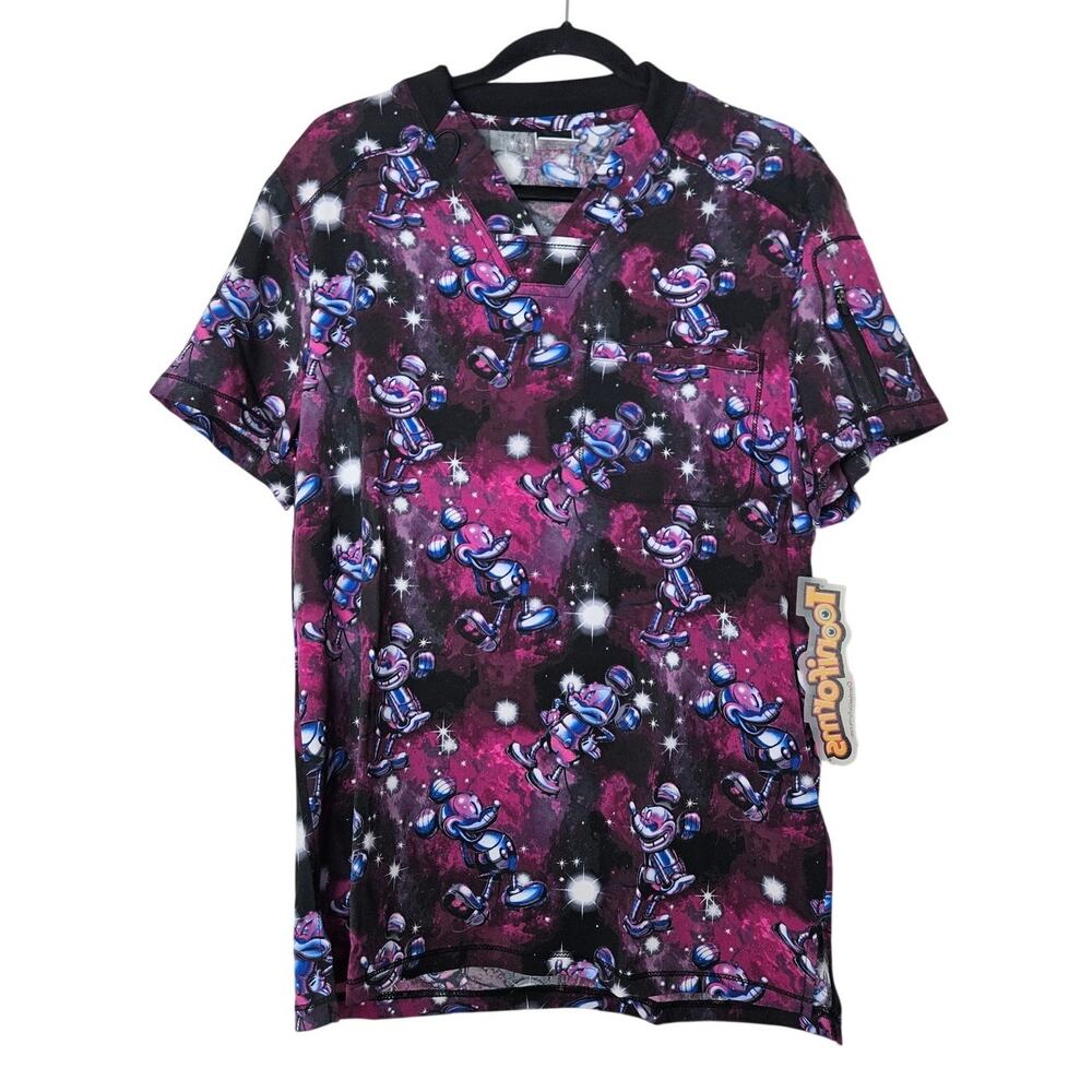 NEW Cherokee Tooniforms S Men's V-Neck Scrub Top Disney Metallic Mickey Purple